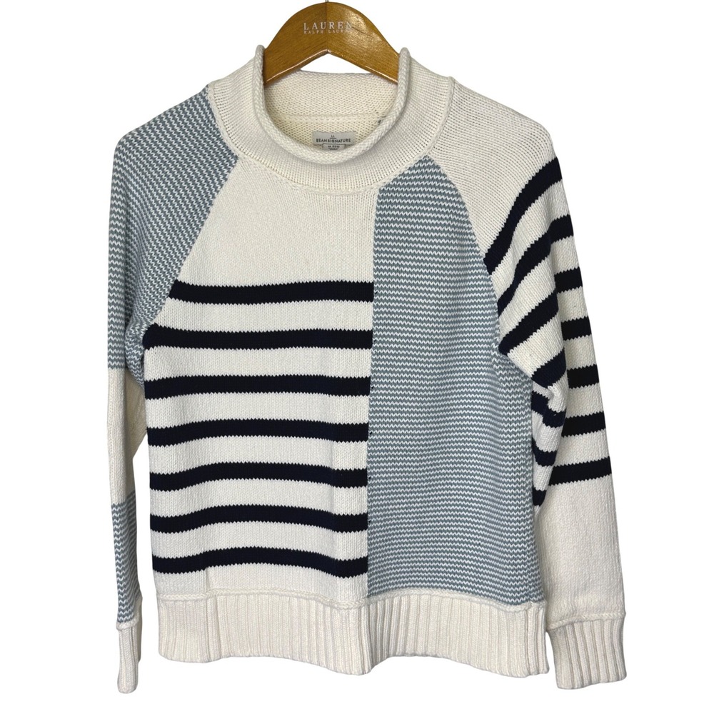 L.L. Bean Signature Organic Cotton Rollneck Sweater Womens M Blue/White